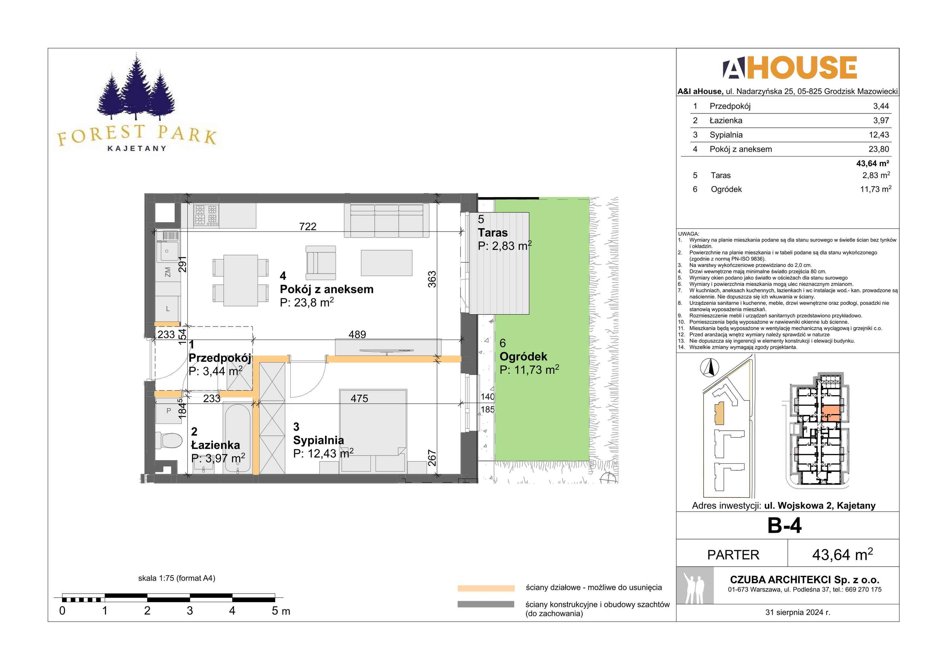 2 pokoje, mieszkanie 43,64 m², parter, oferta nr B-4, Forest Park Kajetany, Kajetany, ul. Wojskowa 2